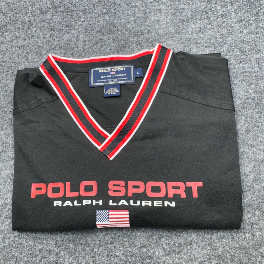 Vintage Polo Sport Ralph Lauren Shirt Mens Large Spellout USA Flag V Neck 90s